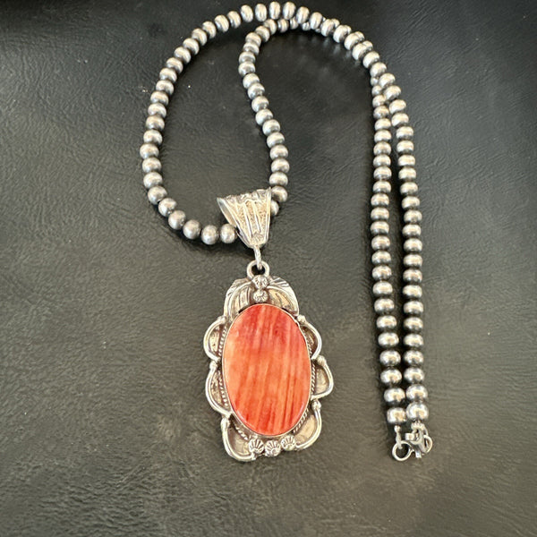Women's Red Spiny Oyster Pendant Navajo Necklace | Sterling Silver | Authentic Native American Handmade | 18366