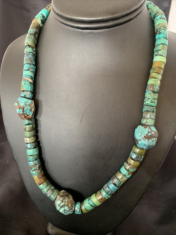 Men Chunky Spiderweb Turquoise Heishi Navajo Necklace 21" | Sterling Silver | Authentic Native American Handmade | 124504