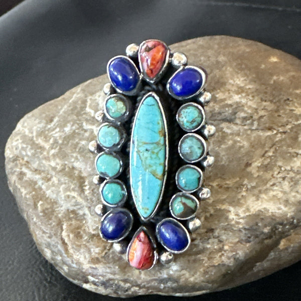 Cluster Blue Turquoise Spiny Oyster Lapis Ring Size 6.5 | Sterling Silver | Authentic Native American Handmade | 18566