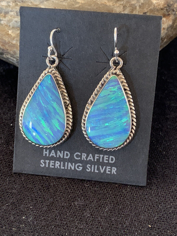Women's Navajo Blue Opal Earrings | Sterling Silver | Authentic Native American Handmade | 00471