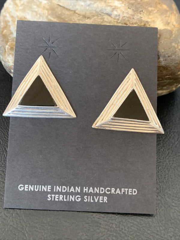 Black Onyx Navajo Stud Post Earrings 1" | Sterling Silver | Authentic Native American Handmade | 12640