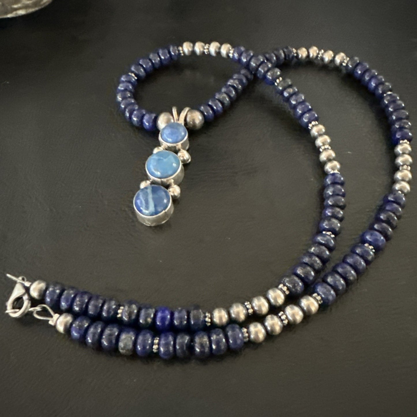 Handmade Blue Lapis Cluster Pendant NavajoSterling Silver Necklace 2" 19655