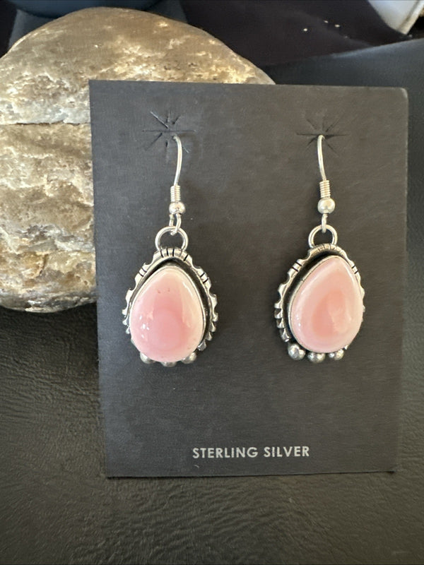 Yazzie Pink Queen Conch Navajo Dangle Earrings | Sterling Silver | Authentic Native American Handmade | 19324