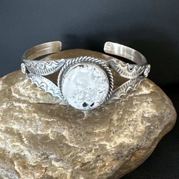 White Buffalo Turquoise Navajo Cuff Bracelet 7.25" | Sterling Silver | Authentic Native American Handmade | 19281