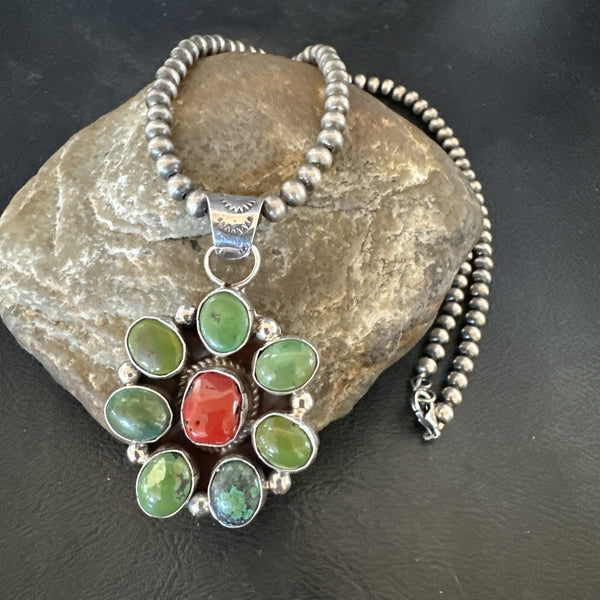 Navajo Cluster Red Turquoise Pendant Necklace | Sterling Silver | Authentic Native American Handmade | 17713