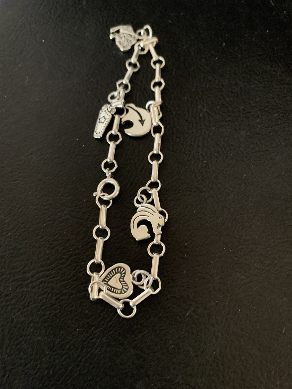 Kokopelli Different Charms Navajo Sterling Silver Link Bracelet 7.5" 1464