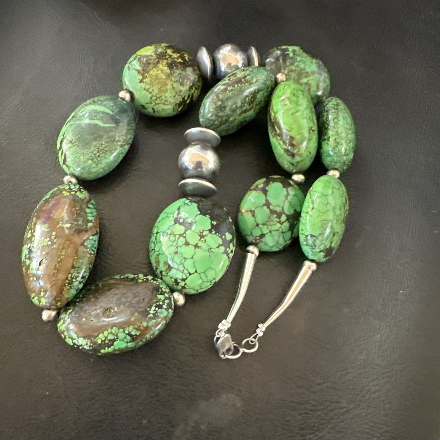 Green Turquoise Nugget Navajo Pearls Sterling Silver Necklace 19533
