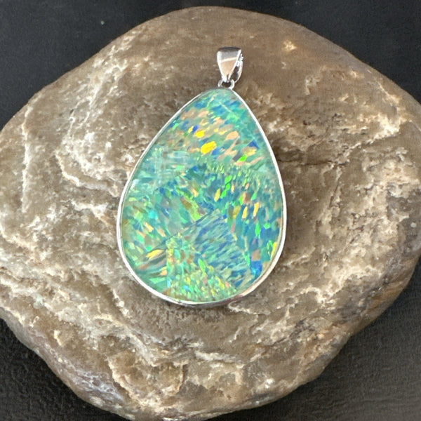 Men's Women's Multicolor Gilson Opal Navajo Inlay Pendant | Sterling Silver | Authentic Native American Handmade | 18610
