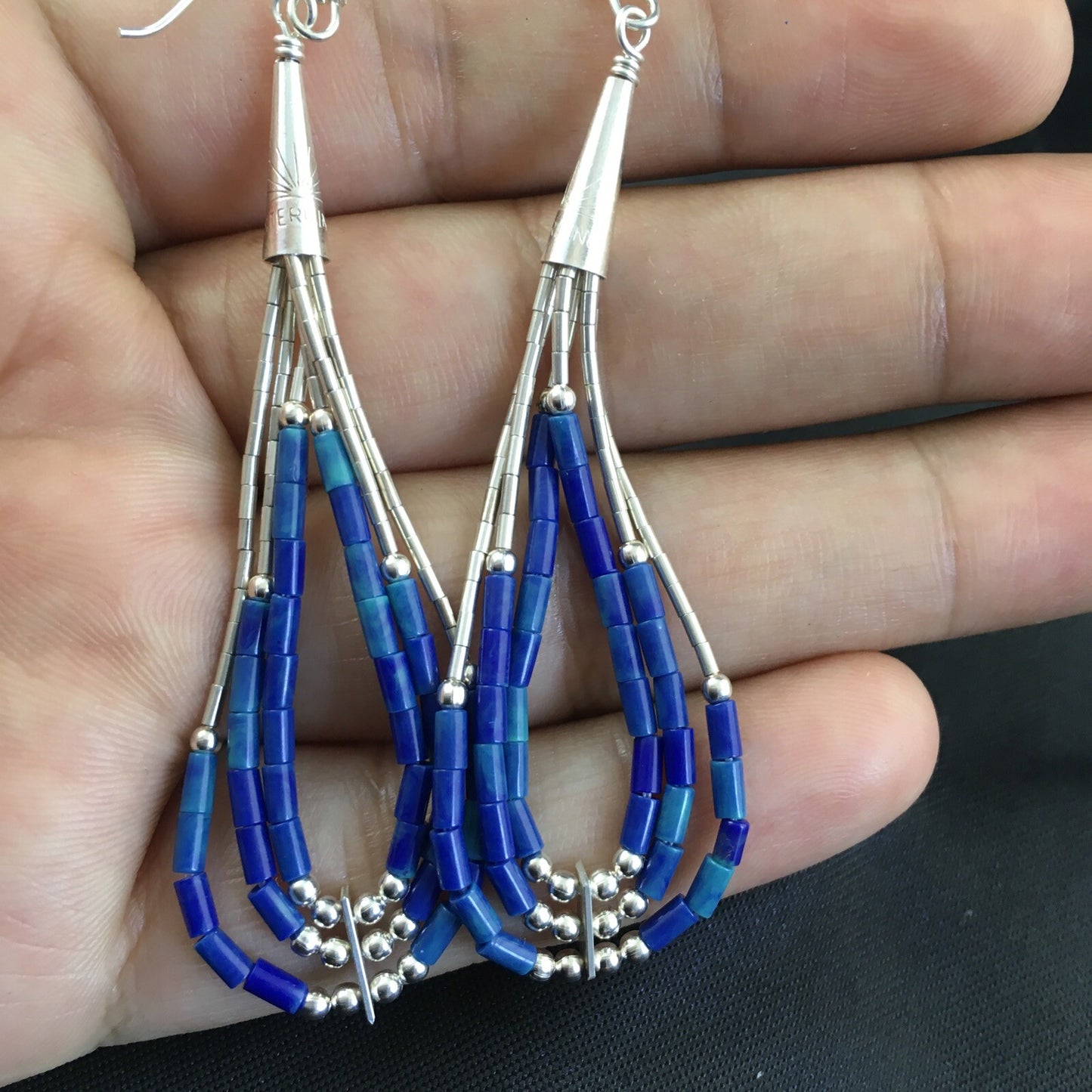 Blue Lapis 3 Strand Heishi Liquid Sterling Silver Dangle Earrings 2013