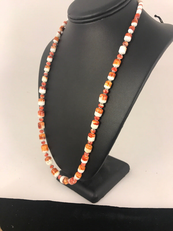 Red Spiny Oyster Navajo Pearls Necklace 24" | Sterling Silver | Authentic Native American Handmade | 08491