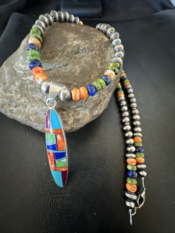 Turquoise Spiny Oyster Inlay Pendant Navajo Necklace 21" | Sterling Silver | Authentic Native American Handmade | 18822