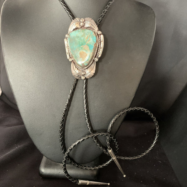 Men's Bolo Tie Green Royston Turquoise Navajo 14108N | Sterling Silver | Authentic Native American Handmade