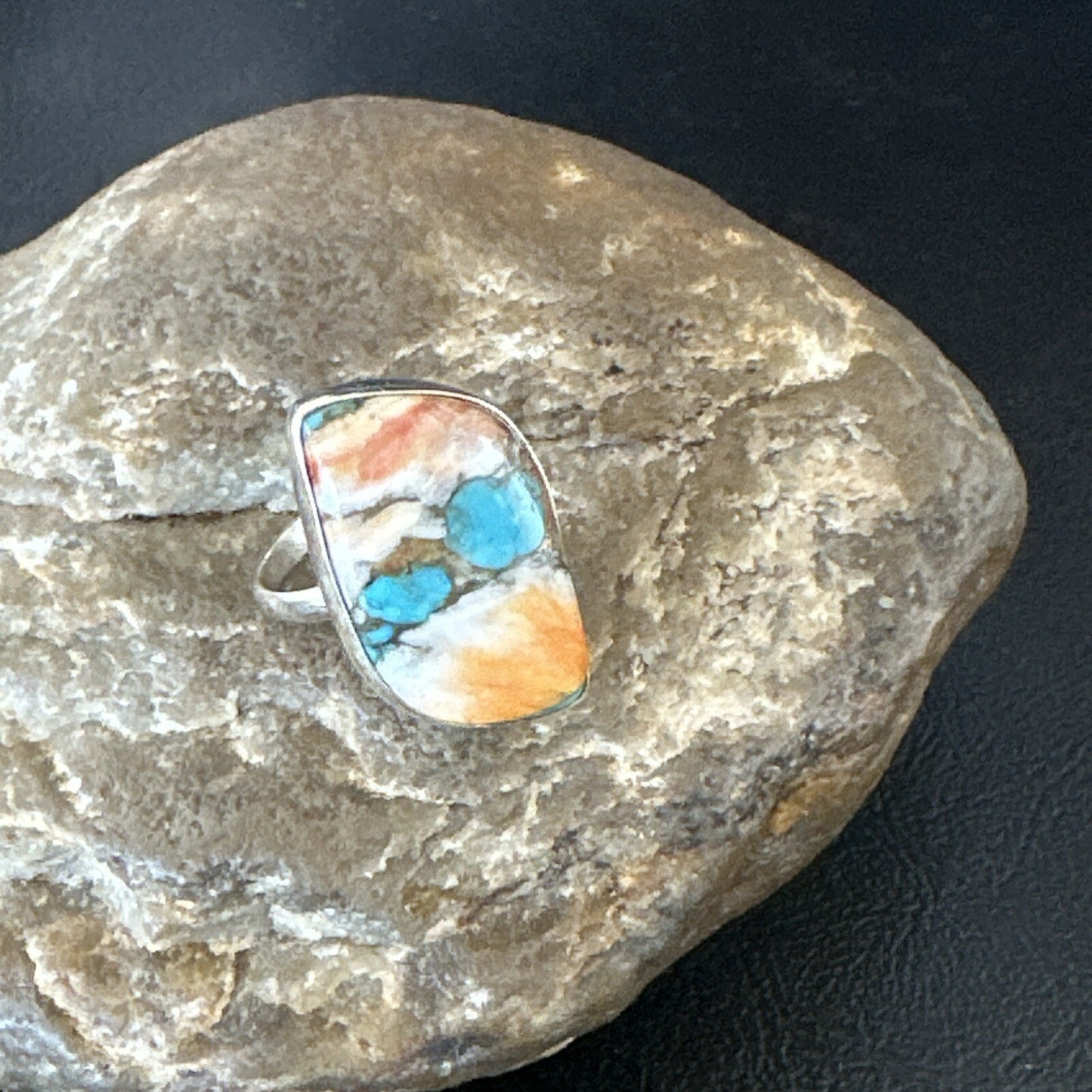 Blue Turquoise Spiny Oyster Navajo Sterling Silver Ring Size 8 18250