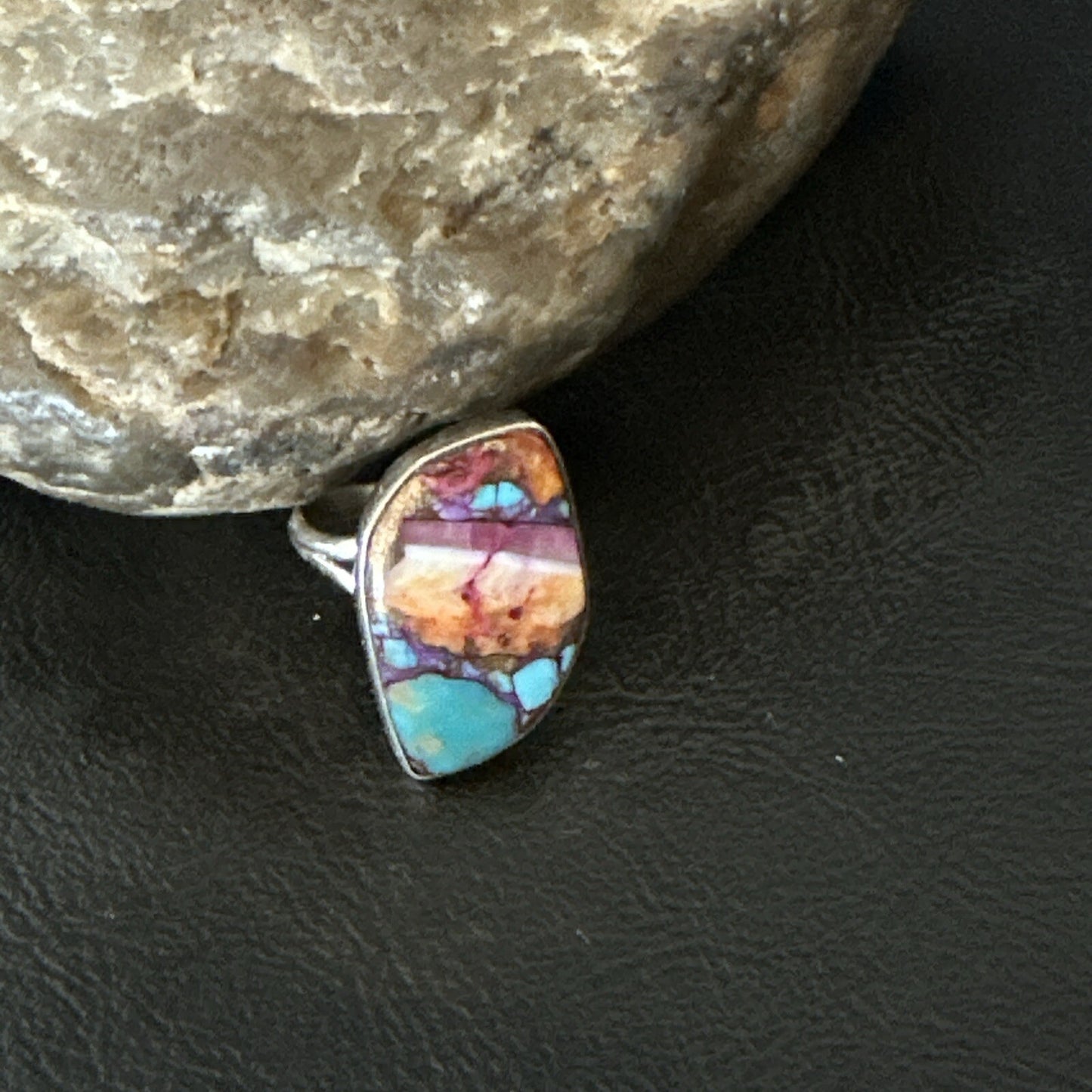 Blue Turquoise Spiny Oyster Southwestern Sterling Silver Ring Size 8 18440