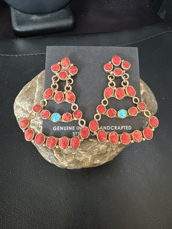 Women's Chandelier Opal Spiny Oyster Brass Dangle Earrings | Authentic Native American Handmade | 14940