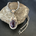 Purple Stone Pendant Navajo Pearls Necklace 20" | Sterling Silver | Authentic Native American Handmade | 18404