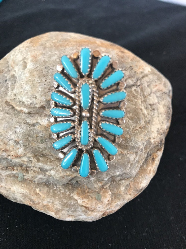 Blue Turquoise Southwestern Cluster Ring Size 7.5 | Sterling Silver | Authentic Native American Handmade | 03471
