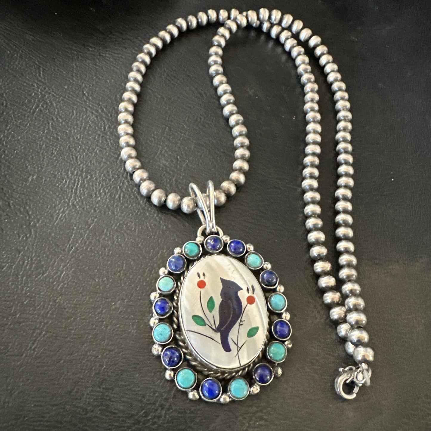 Blue Turquoise Black Onyx Inlay Pendant Sterling Silver Necklace 20�17926