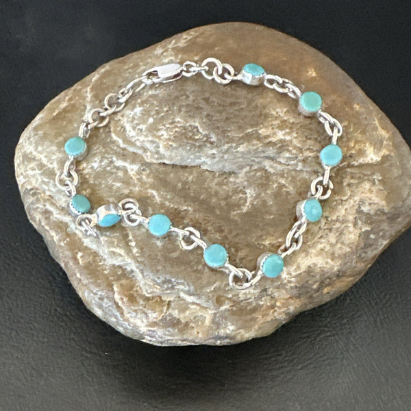 Blue Turquoise Navajo Old Pawn Link Bracelet 7.5" | Sterling Silver | Authentic Native American Handmade | 18129