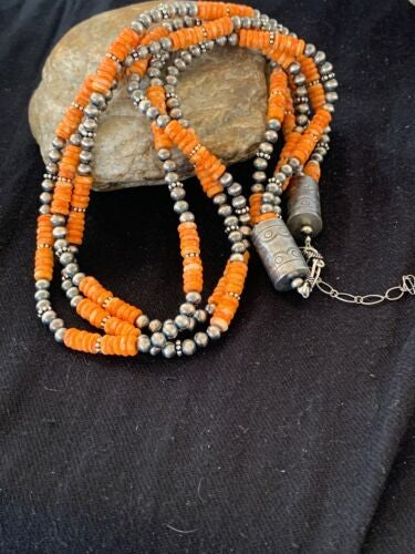Spiny Oyster 3 Strand Navajo Pearls Necklace | Authentic Native American Handmade | 4711