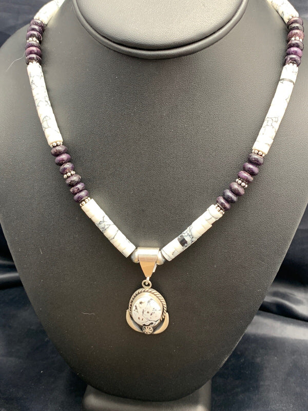 Purple Stone Howlite Bead Navajo Necklace | Sterling Silver | Authentic Native American Handmade | 04606