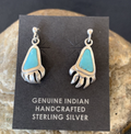Turquoise BearPaw Inlay Navajo Dangle Post Earrings 0.50" | Sterling Silver | Authentic Native American Handmade | 12743