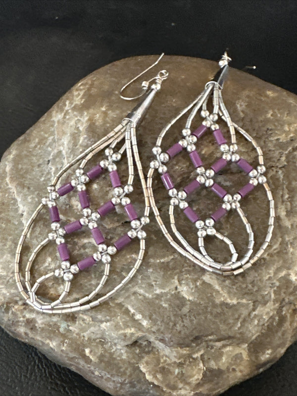 Stone 3 Strand Heishi Liquid Dangle Earrings | Sterling Silver | Authentic Native American Handmade | 17738