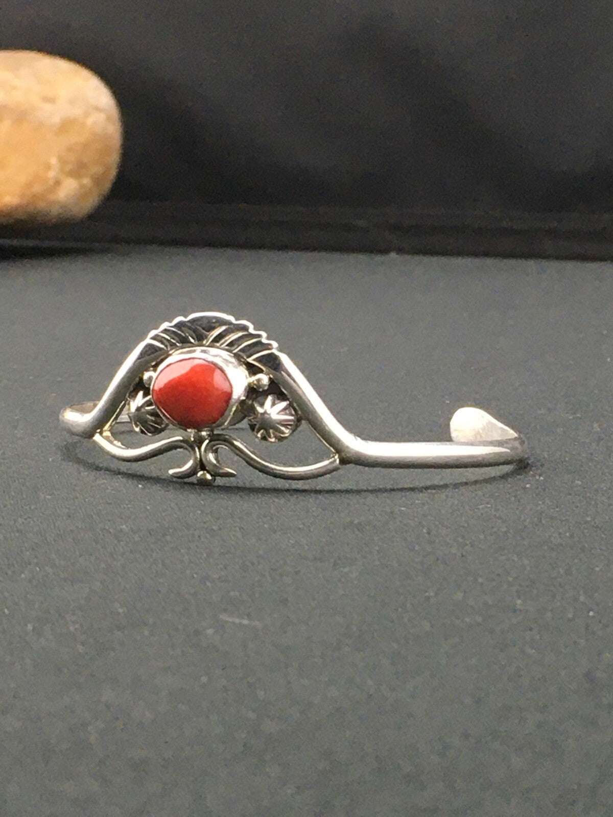 Native American Indian Coral Navajo Sterling Silver Cuff Bracelet 04747