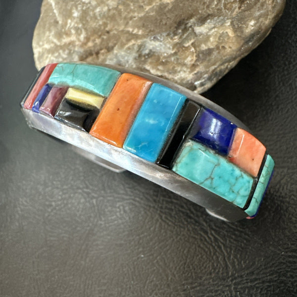 Men's Navajo Black Onyx Coral Turquoise Cuff Bracelet Inlay | Sterling Silver | Authentic Native American Handmade | 19501