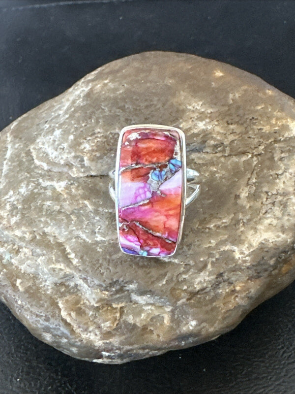 Blue Turquoise Spiny Oyster Southwestern Ring Size 8 | Sterling Silver | Authentic Native American Handmade | 18486