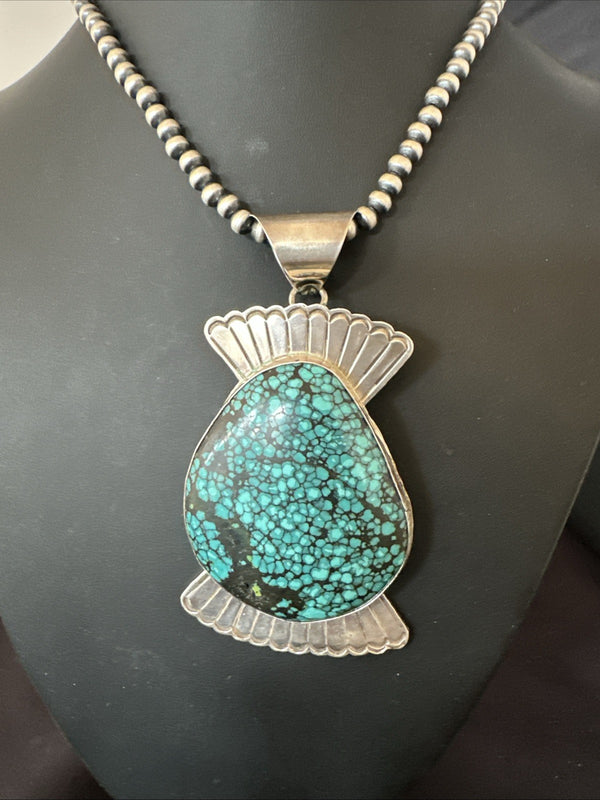 Women's Blue Spiderweb Turquoise Pendant Navajo Necklace | Sterling Silver | Authentic Native American Handmade | 19299