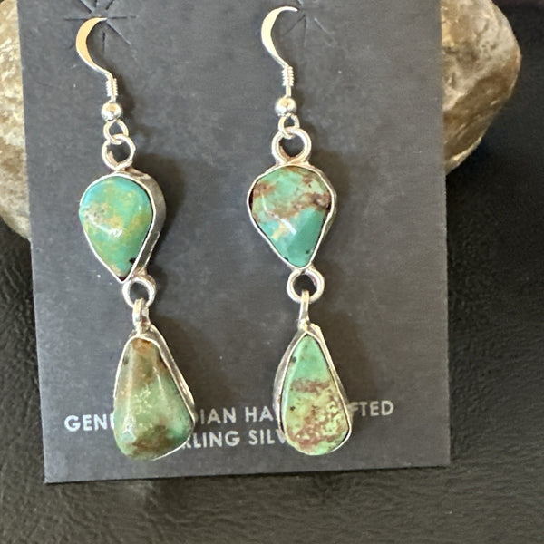 Green Royston Turquoise Navajo Dangle Earrings | Sterling Silver | Authentic Native American Handmade | 19415