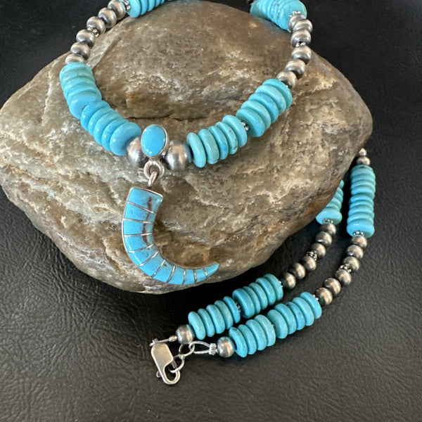 Blue Turquoise Inlay Pendant Navajo Necklace | Sterling Silver | Authentic Native American Handmade | 19515