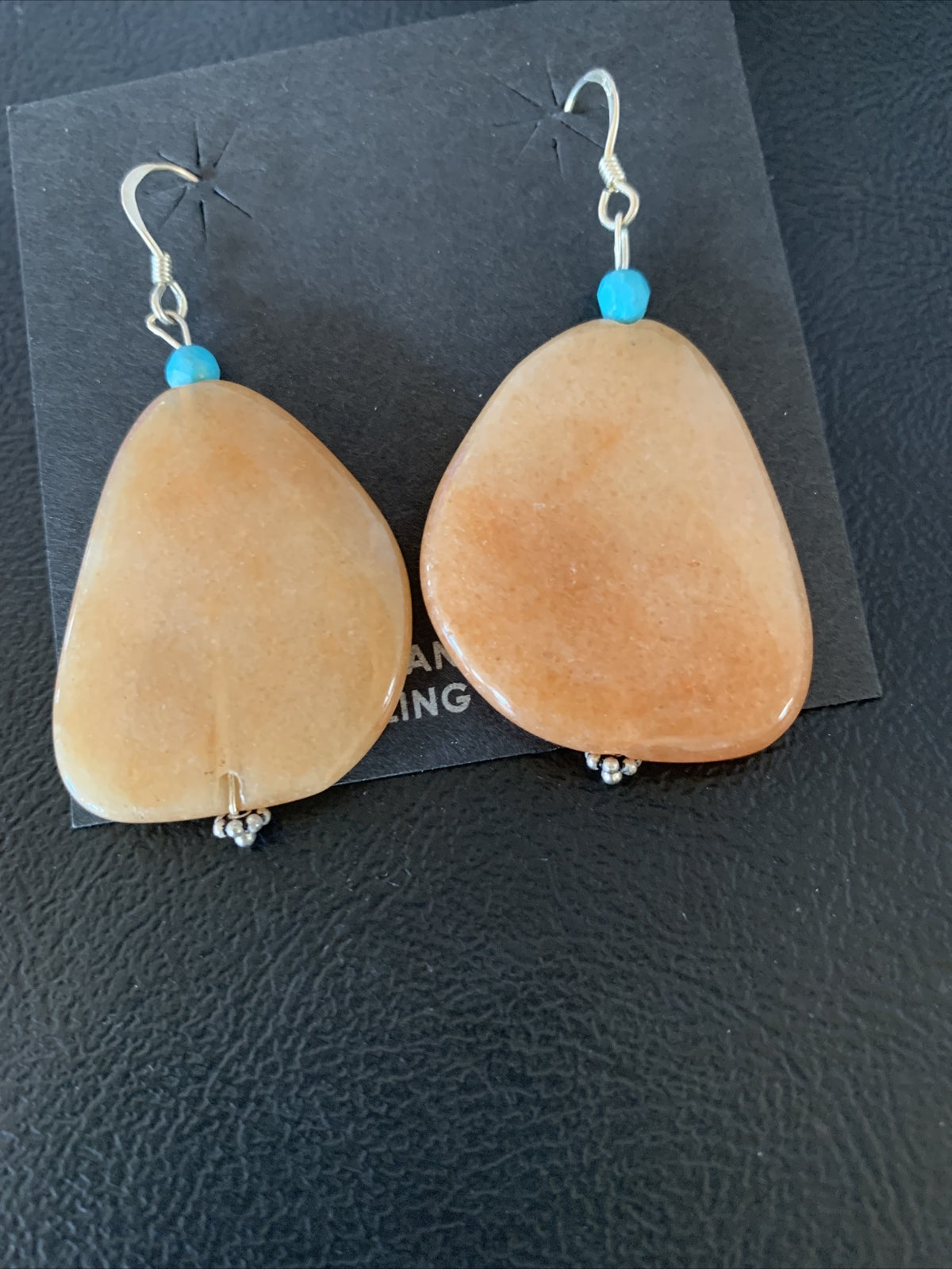 Womens Navajo Tan Jasper Blue Turquoise Sterling Silver Earrings 2" 13101
