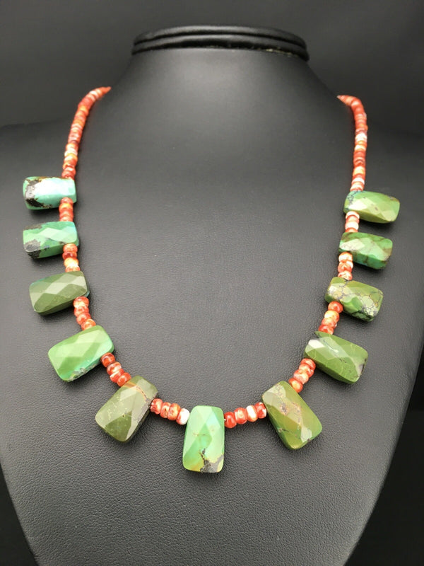 Spiny Oyster Faceted Turquoise Navajo Necklace 20" | Sterling Silver | Authentic Native American Handmade | 04917