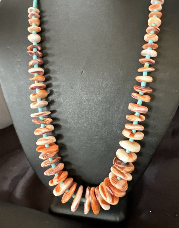 Spiny Oyster Turquoise Heishi Navajo Necklace 22" | Sterling Silver | Authentic Native American Handmade | 17756