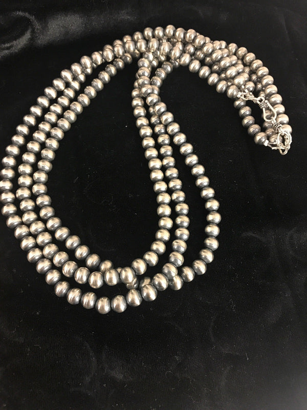 Navajo Pearls 7mm Necklace 21"3 Strand | Sterling Silver | Authentic Native American Handmade