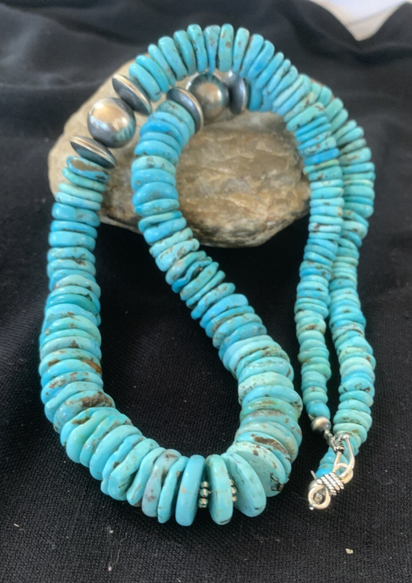 Blue Turquoise Graduated Navajo Pearls Necklace 25" | Sterling Silver | Authentic Native American Handmade | 00602