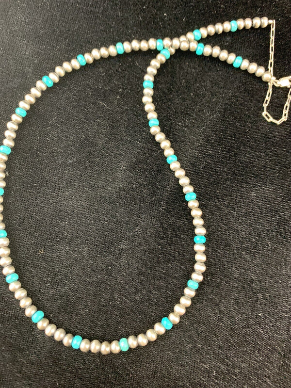 Navajo 4mm Beads Blue Turquoise Bead Necklace 22" | Sterling Silver | Authentic Native American Handmade