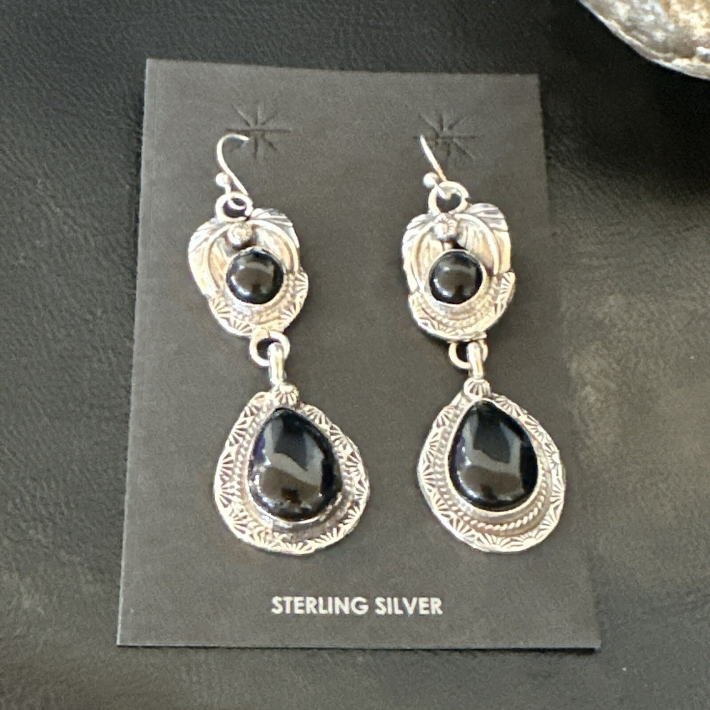 Black Onyx Navajo Sterling Silver Dangle Earrings 1.5" 18289