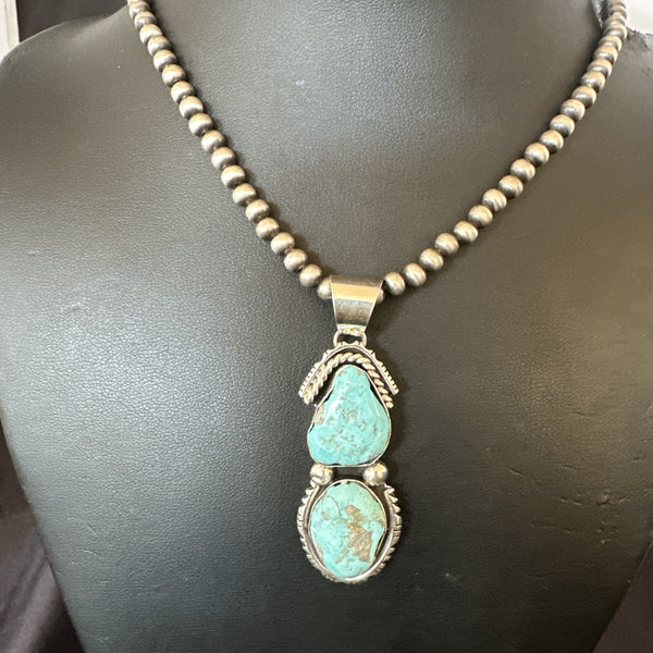 Blue Turquoise 2 Stone Navajo Cluster Pendant | Sterling Silver | Authentic Native American Handmade | 18308