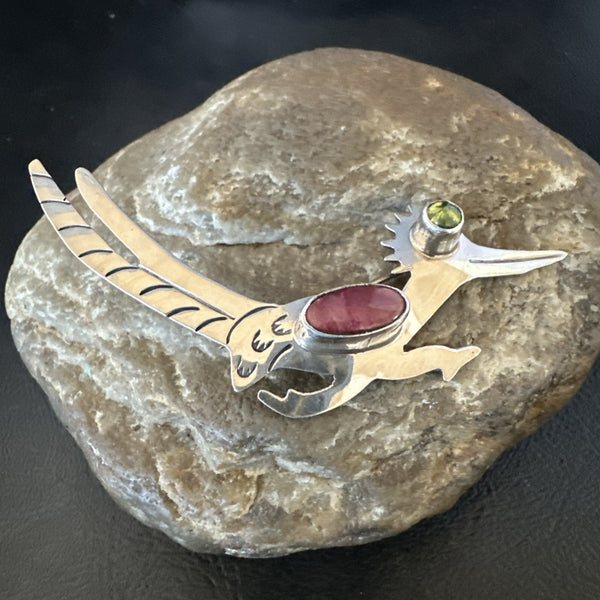 Old Runner Spiny Peridot Navajo Stamped Pin Brooch 3" | Sterling Silver | Authentic Native American Handmade | 19089