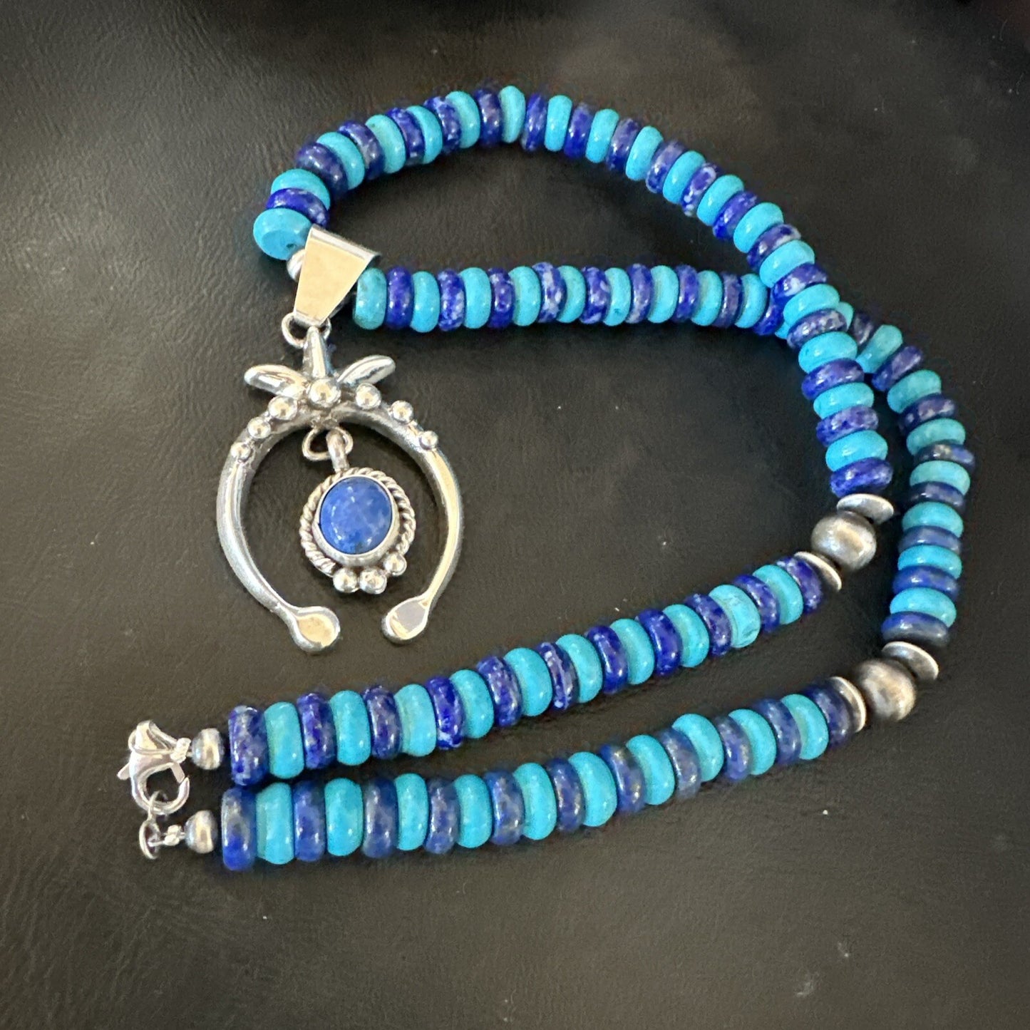Blue Denim Lapis Turquoise Naja Pendant Navajo Sterling Silver Necklace 21"17688