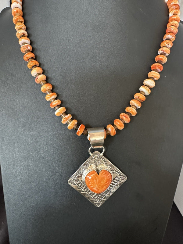 H Joe Orange Spiny Oyster Heart Pendant Navajo Necklace | Sterling Silver | Authentic Native American Handmade | 19480