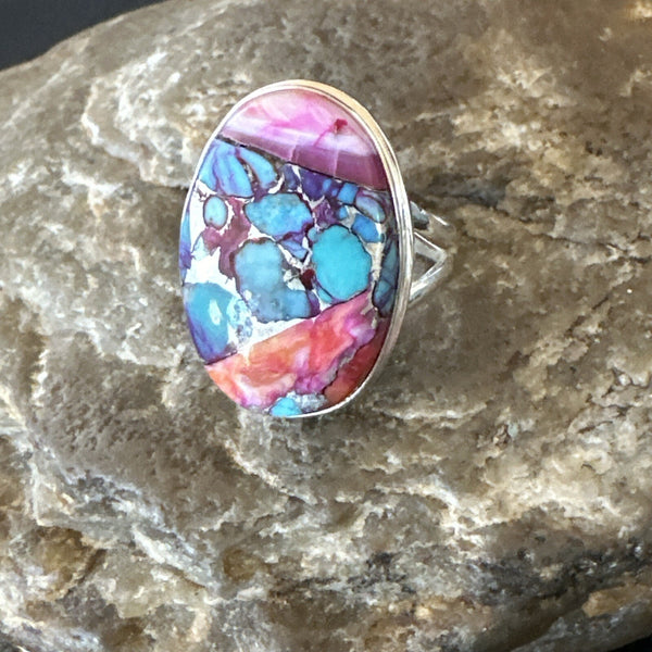 Blue Turquoise Spiny Oyster Southwestern Ring Size 8 | Sterling Silver | Authentic Native American Handmade | 18484