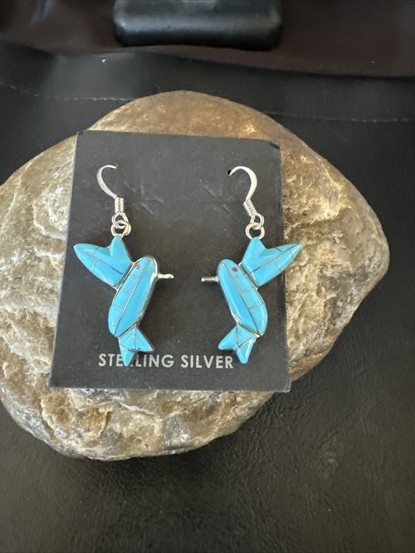 Blue Turquoise Navajo Hummingbird Dangle Earrings | Sterling Silver | Authentic Native American Handmade | 1424