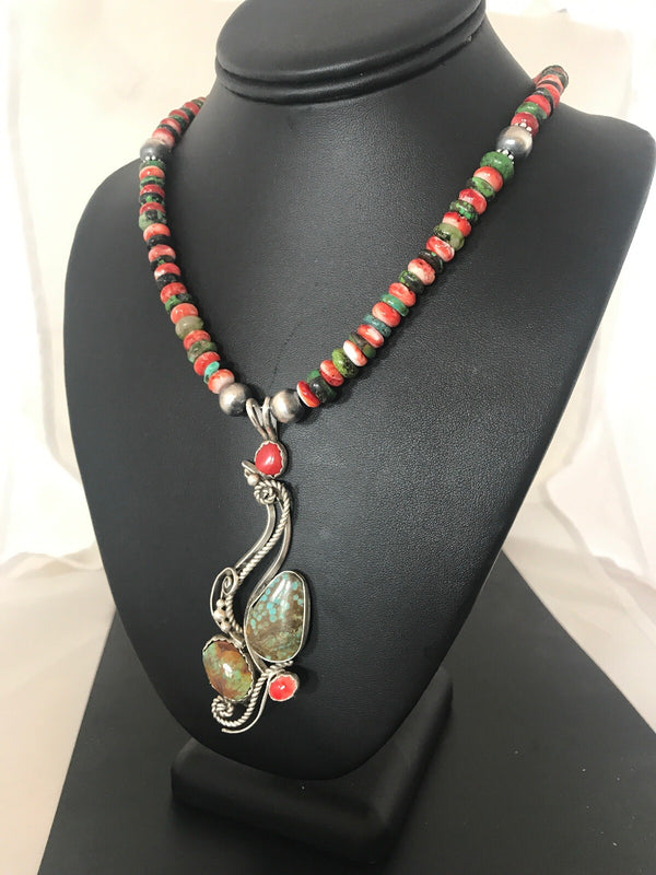 Turquoise #8 Spiny Oyster Pendant Navajo Beads Necklace | Sterling Silver | Authentic Native American Handmade | 08646
