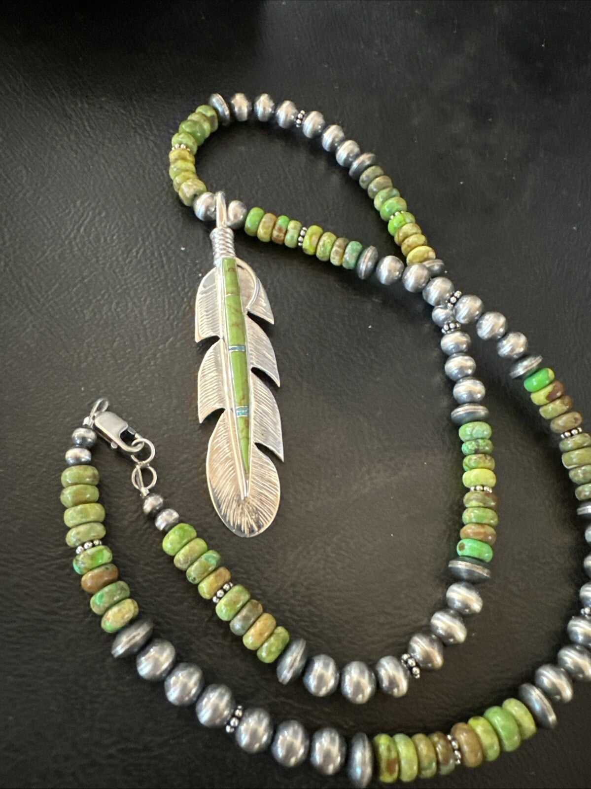 WoMens Green Gaspeite Turquoise Opal Leaf Pendant Sterling Silver Necklace 18665