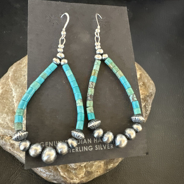 Blue Turquoise Heishi Beads Navajo Beads Earrings 2" | Sterling Silver | Authentic Native American Handmade | 17873