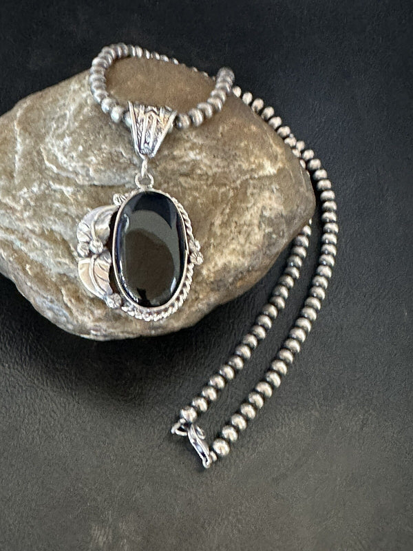 Men's Women's Black Onyx Pendant Navajo Beads Necklace | Sterling Silver | Authentic Native American Handmade | 18314